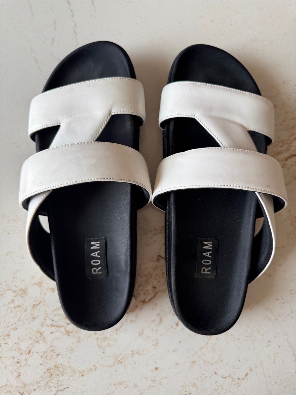 ROAM Black Footbed White Double-Strap Slide Sandals